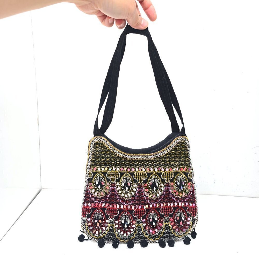 Vintage 90s Y2k Arcad Embellished Sequin Beaded Embroidered Black Shoulder Bag